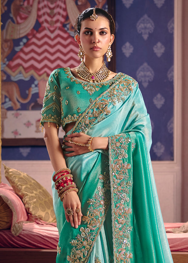Sea Green Embroidered Tissue Designer Saree