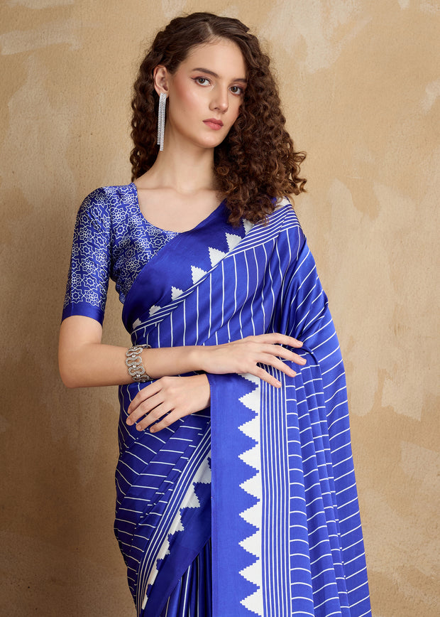 Mazarine Blue Printed Satin Silk Saree