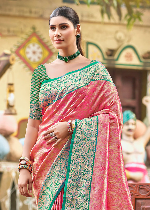 Salmon Pink Woven Kanjivaram Silk Saree