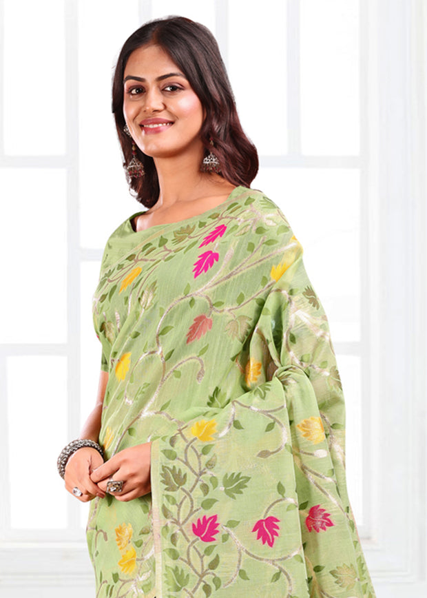 Pista Green Woven Linen Cotton Silk Saree