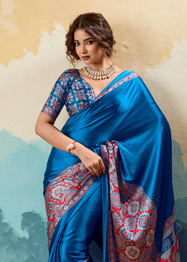 Swedish Blue Printed Satin Silk Saree
