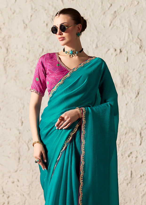 Teal Blue Designer Organza Tissue Silk Saree With Printed Blouse