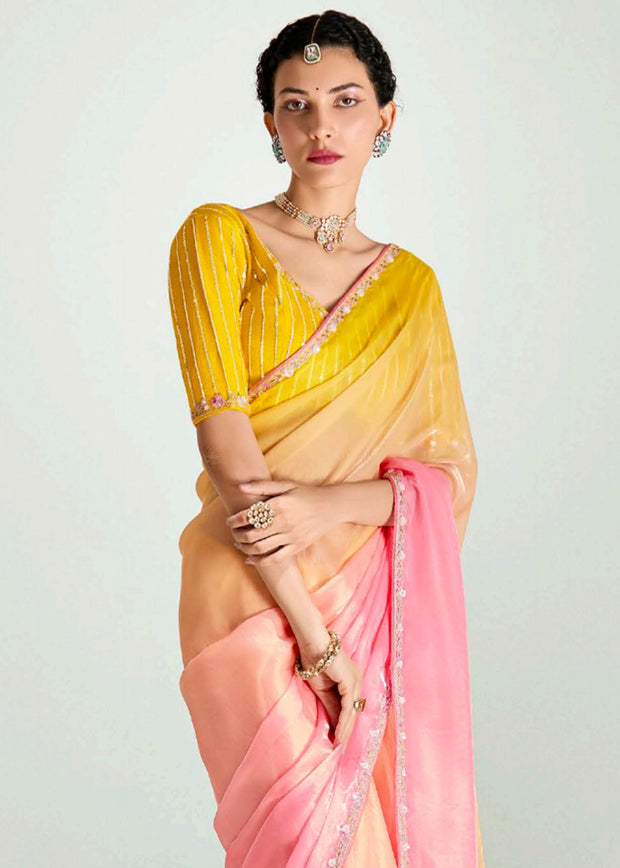 Pink Ombre Designer Tissue Saree With Embroidered Blouse