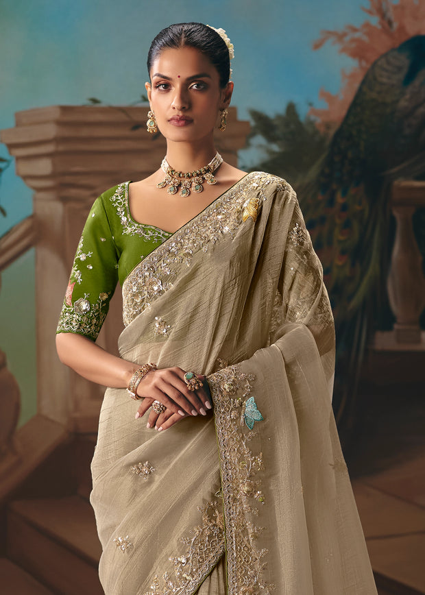 Olive Grey Embroidered Designer Saree