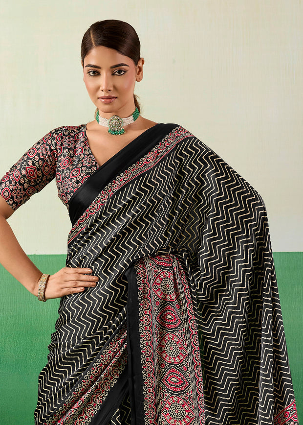 Phantom Black Printed Satin Silk Saree