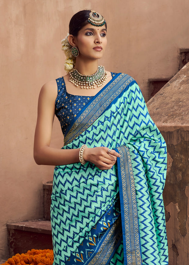 Scuba Blue Printed Patola Silk Saree