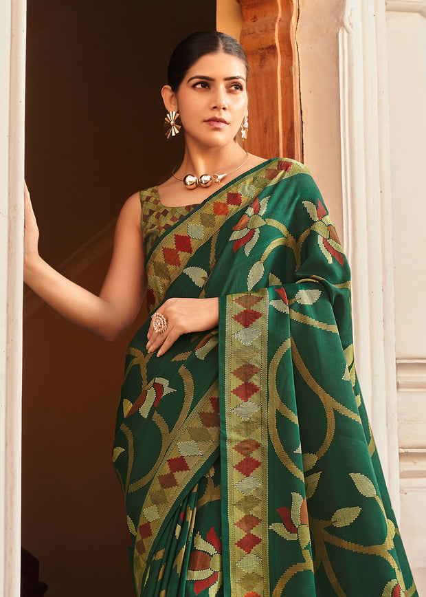 Jungle Green Floral Printed Soft Silk Saree