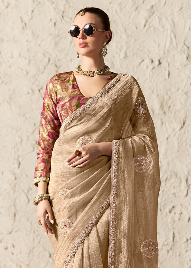 Sand Beige Designer Organza Tissue Silk Saree With Printed Blouse