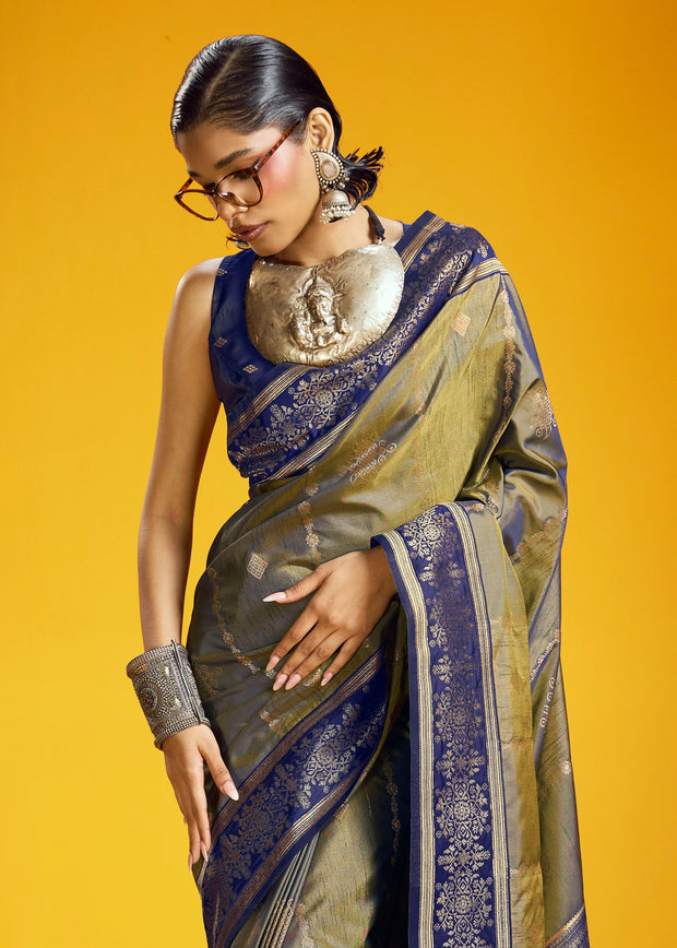 Olive Green Woven Banarasi Silk Saree