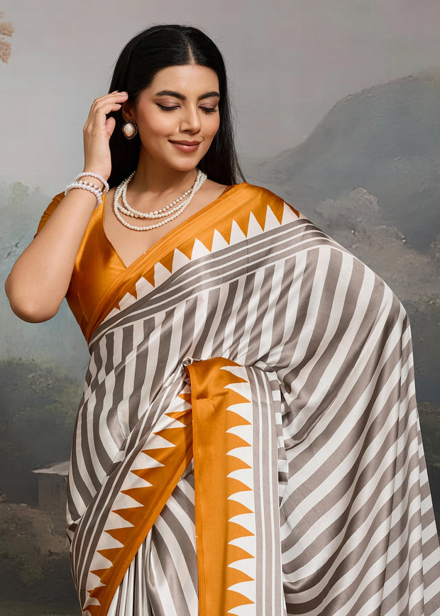 Golden Yellow And White Printed Satin Silk Saree