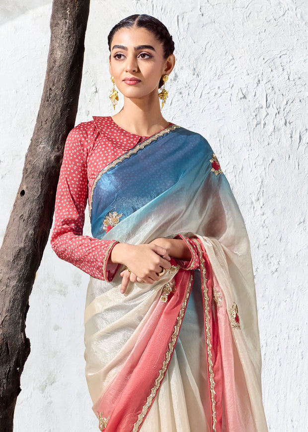Multicolor Designer Organza Silk Saree With Printed Blouse