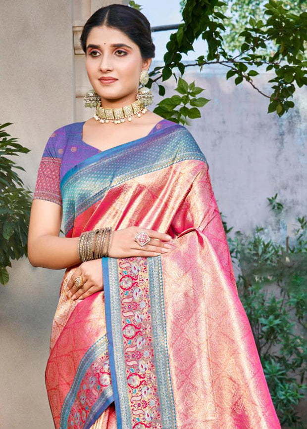 Pink & Blue Woven Kanjivaram Silk Saree