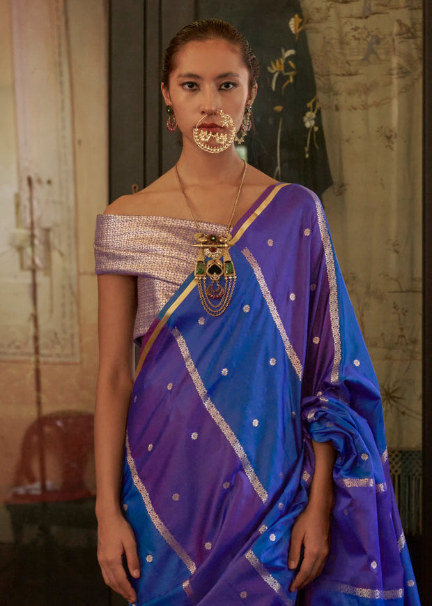 Victoria Blue Rangkat Satin Silk Saree