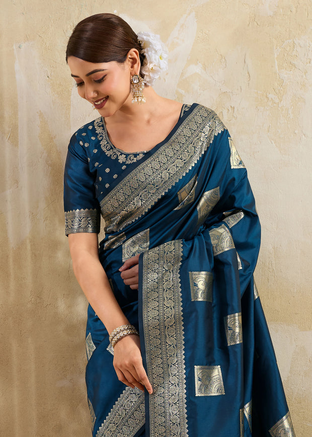 Coral Blue Woven Banarasi Silk Saree
