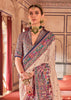 Off White And Blue Printed Kashmiri Jamewar Saree