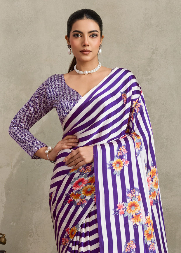 Purple Printed Satin Silk Saree