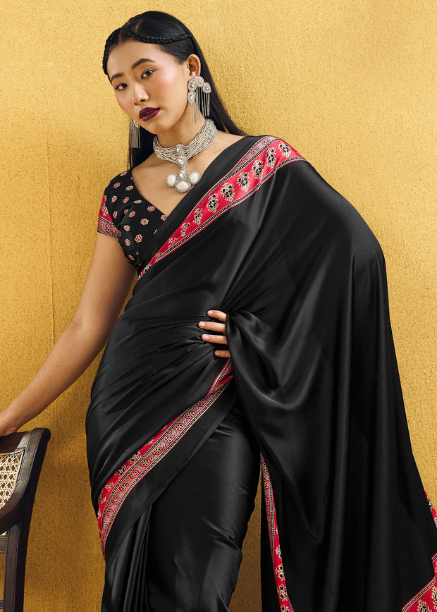 Black Satin Silk Saree with Ajrakh Printed Pallu and Blouse
