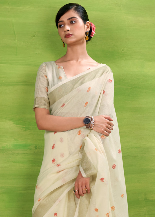 Off White Woven Linen Silk Saree