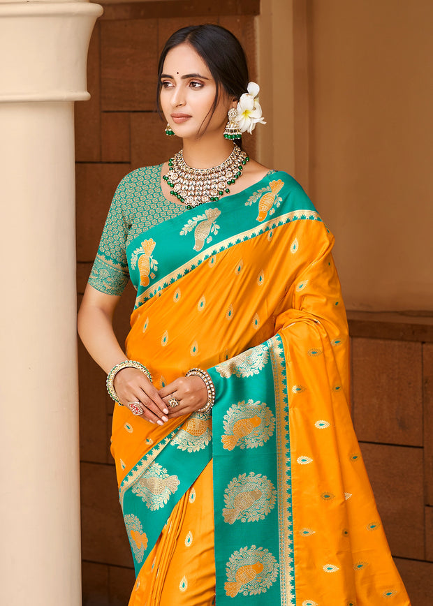 Orange & Green Woven Banarasi SIlk Saree