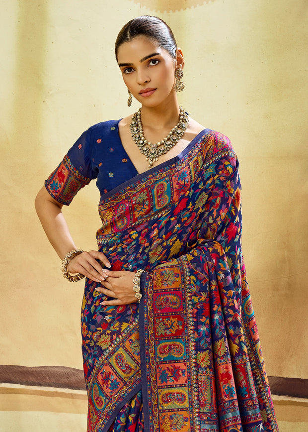 Navy Blue Woven Cotton Kashmiri Jamewar Saree