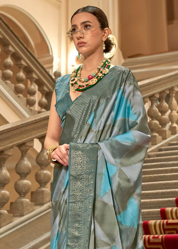 Ceremic Blue Printed Satin Silk Saree