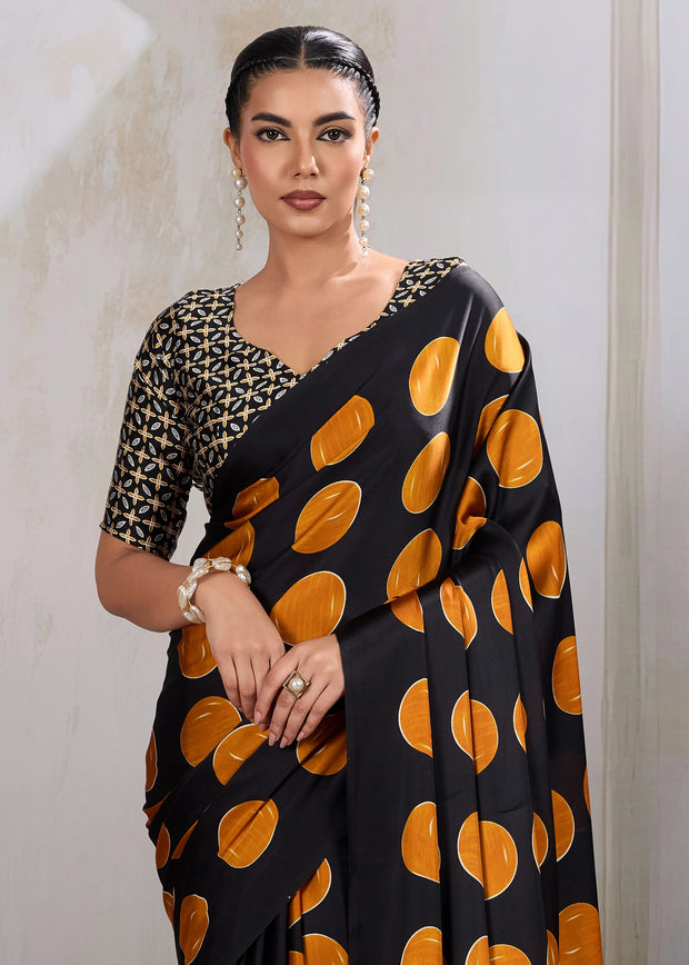 Orange Printed Satin Silk Saree