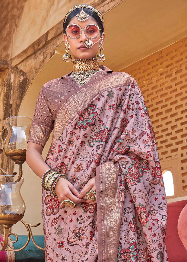 Mist Purple Floral Printed Silk Saree With Contrast Border