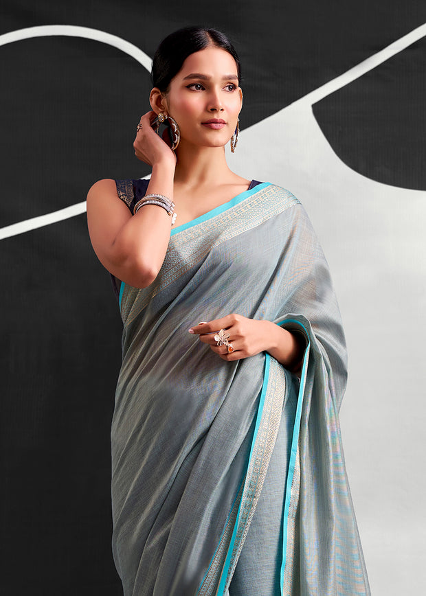 Aquatic Blue Woven Linen Cotton Silk Saree