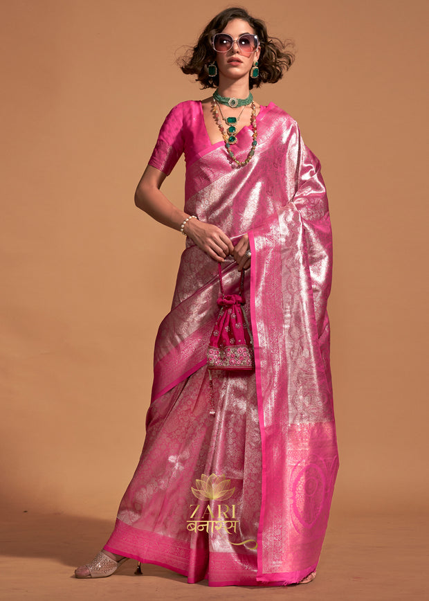 Stunning pink Kanjivaram silk saree with traditional gold zari weaving from Kanchipuram