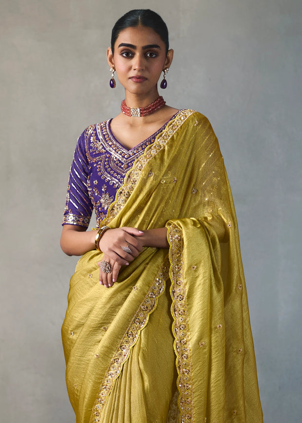 Olive Green Embroidered Silk Saree With Heavy Blouese