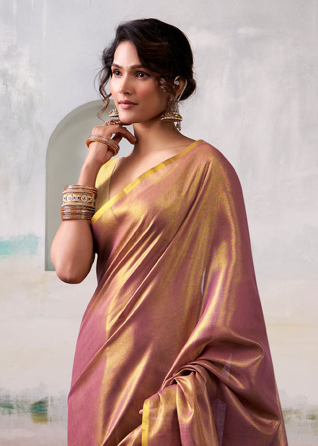 Golden Wine Woven Tissue Silk Saree