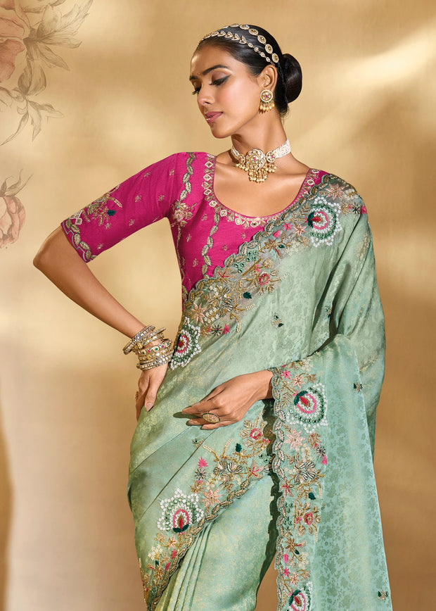 Mint Green Embroidered Kanjivaram Silk Saree