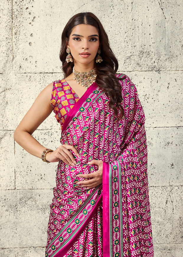 Elegant Pink Printed Satin Silk Saree
