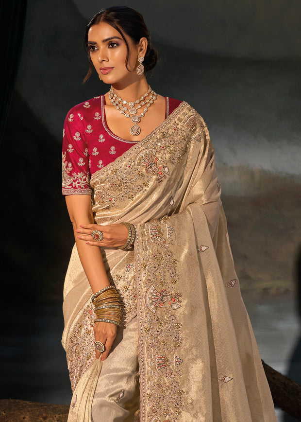 Beige Embroidered Kanjivaram Silk Saree