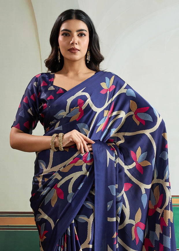 Twilight Blue Printed Satin Silk Saree