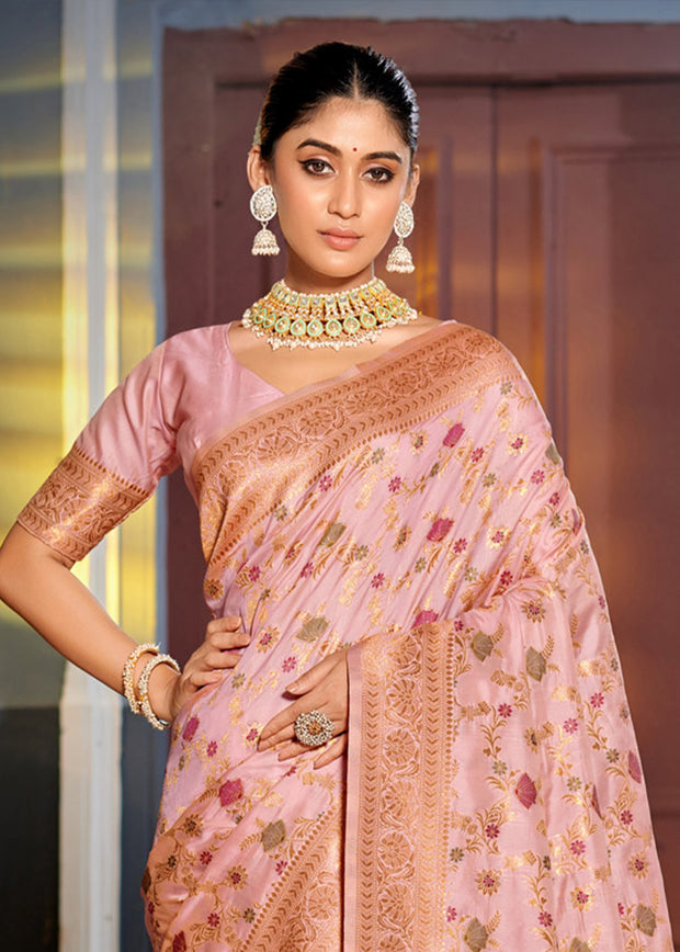 Lilac Pink Woven Banarasi Silk Saree With Brocade Blouse