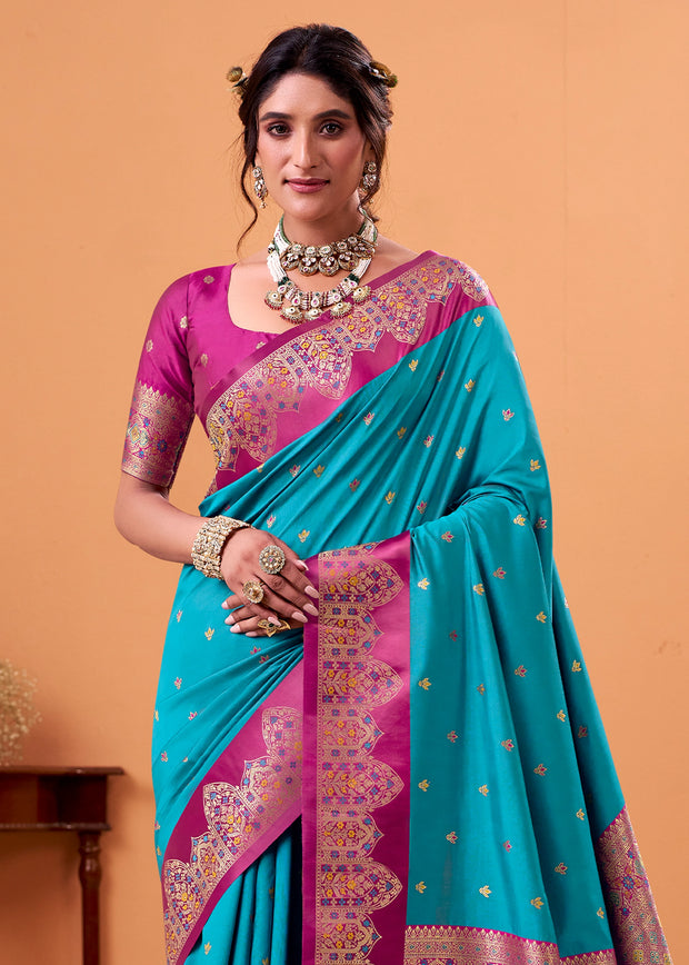 Vivid Blue Banarasi Satin Silk Saree