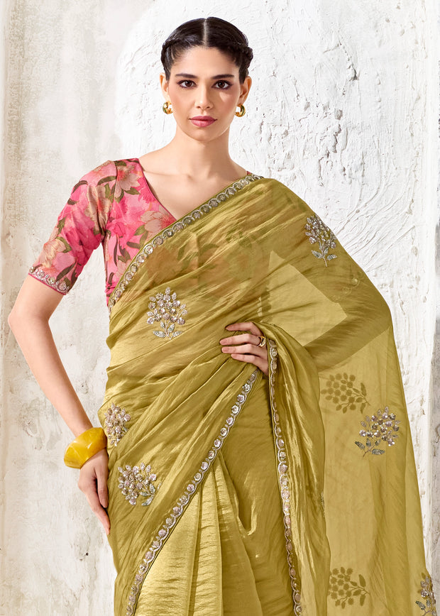 Golden Green Designer Organza Silk Saree With Printed Blouse