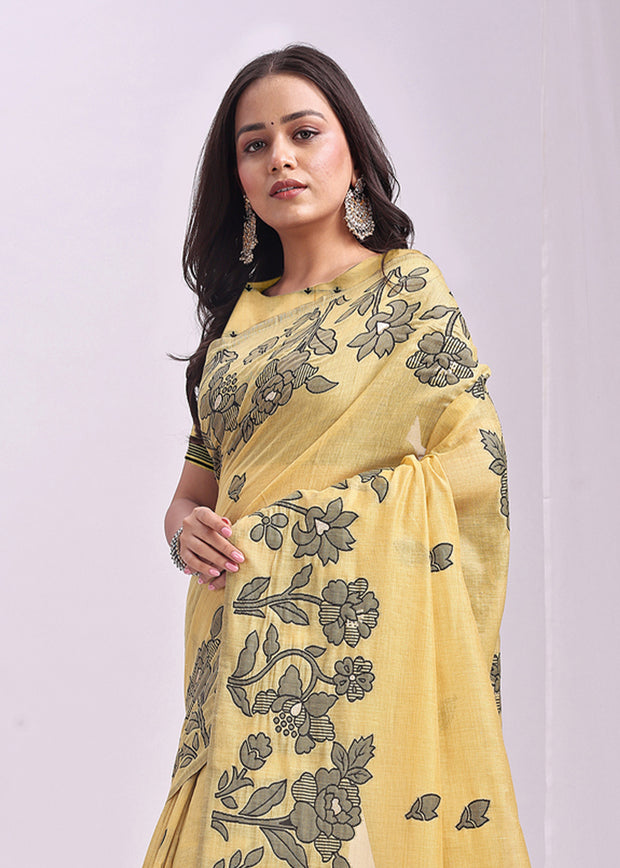 Vanilla Yellow Woven Cotton Linen Silk Saree