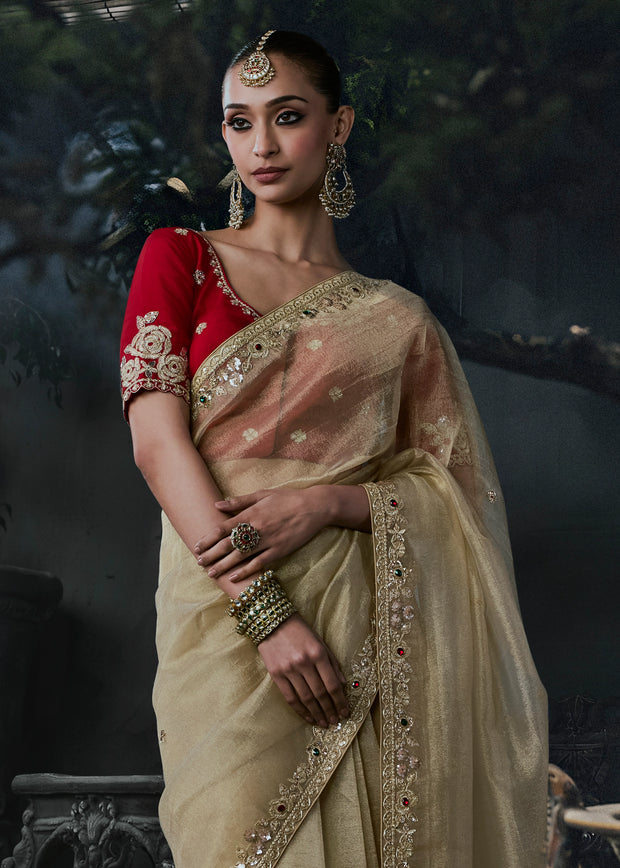 Sand Beige Embroidered Designer Saree