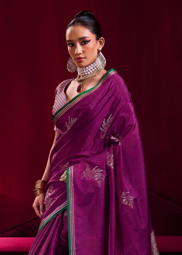 Phlox Purple Woven Banarasi Satin Linen Silk Saree