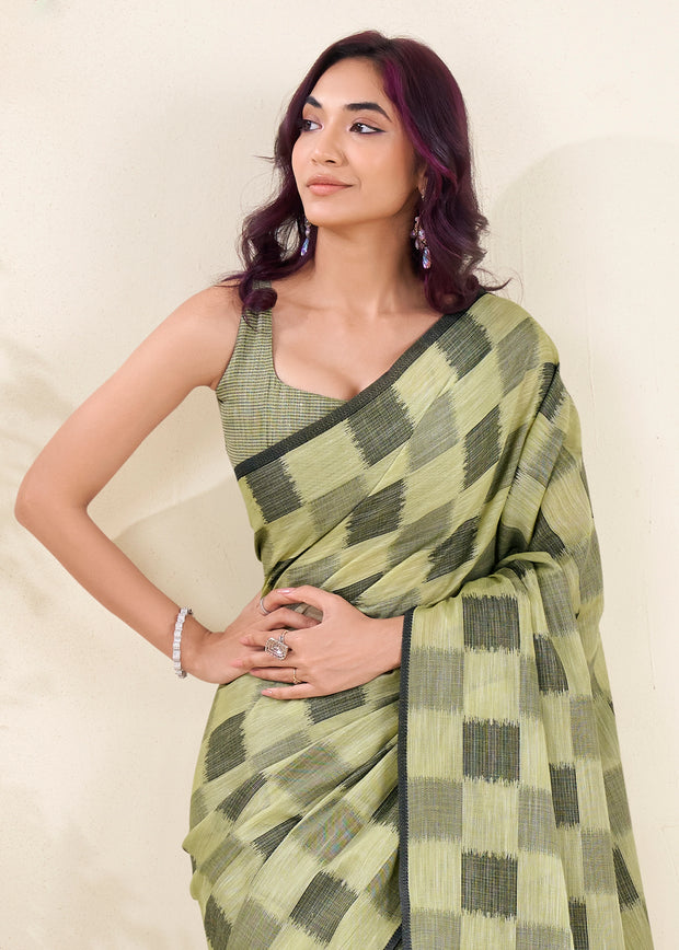 Pistachio Green Woven Linen Silk Saree