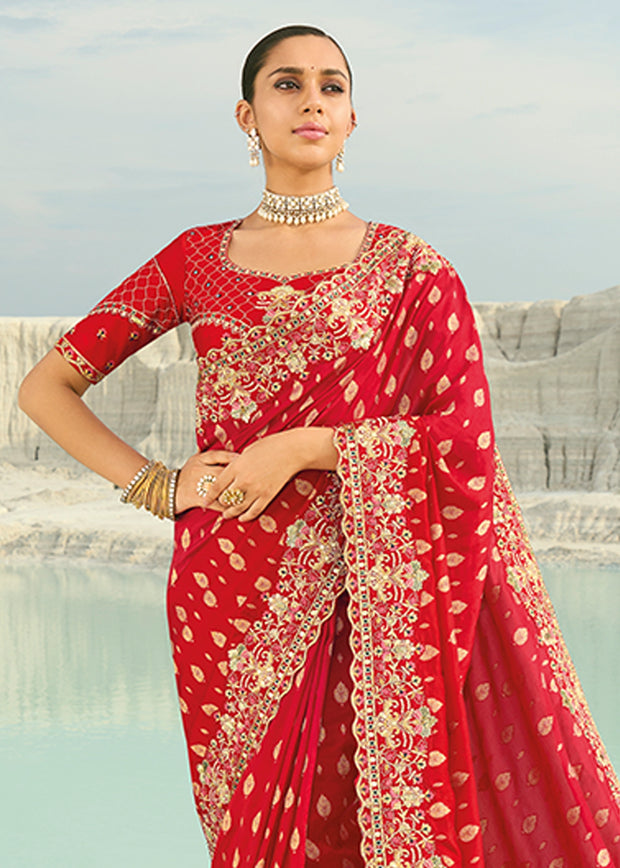 Cherry Red Woven Banarasi Embroidered Soft SIlk Saree