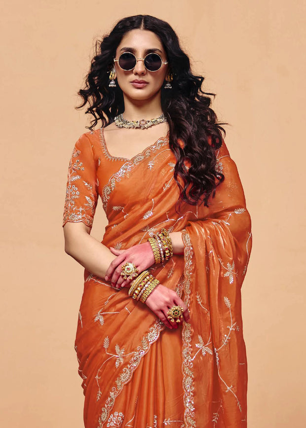 Burnt Orange Embroidered Designer Tissue Saree