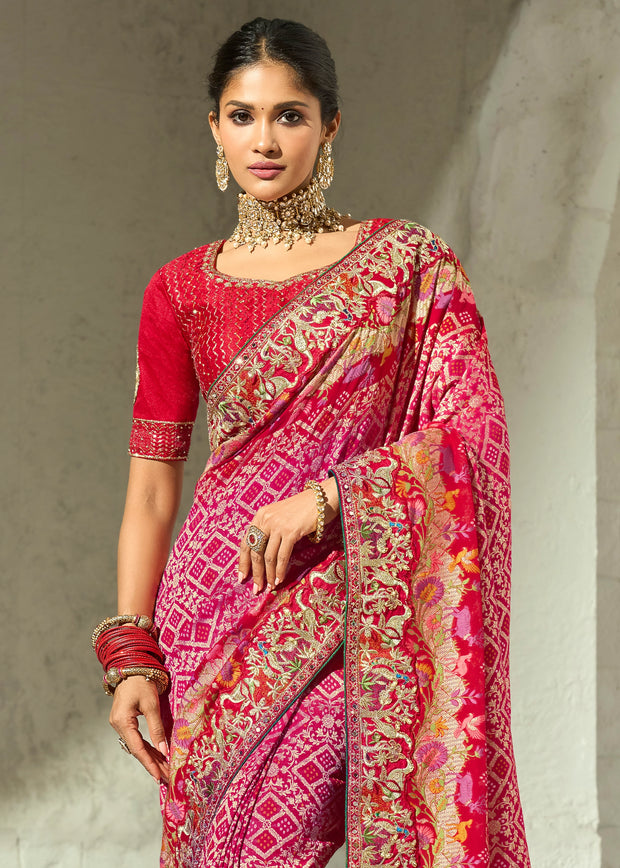 Pink Embroidered Georgette Bandhej Saree