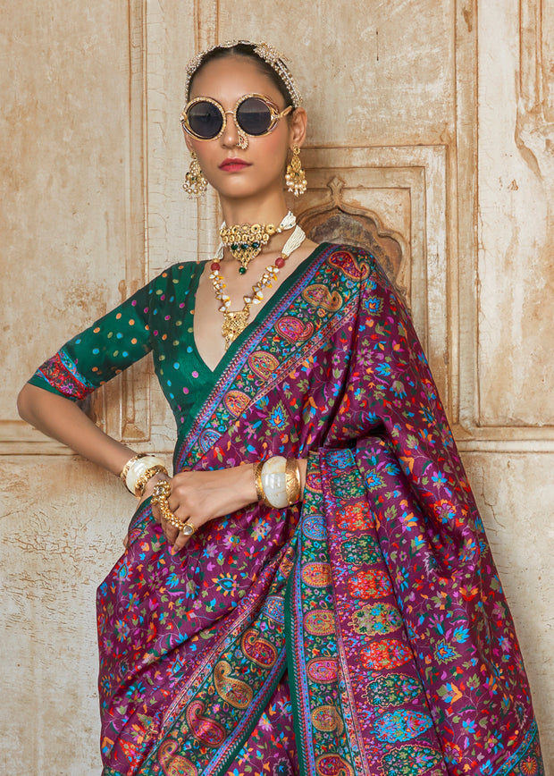 Phlox Purple Printed Kashmiri Jamewar Saree