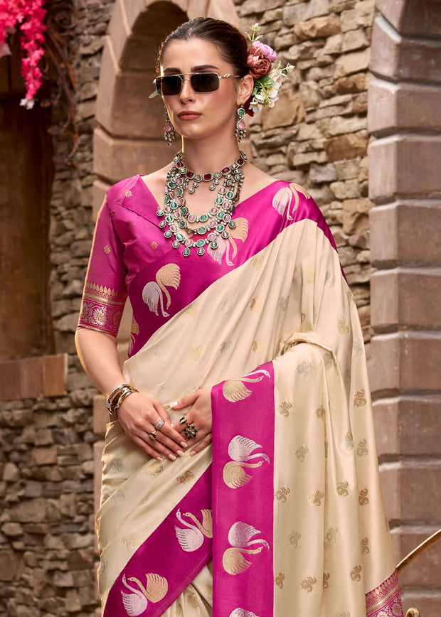 White And Pink Banarasi Satin Silk Saree