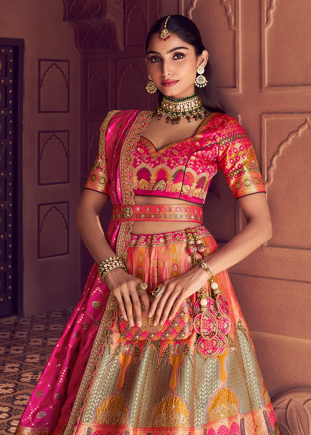 Multicolour Banarasi Silk Embroidered Lehenga