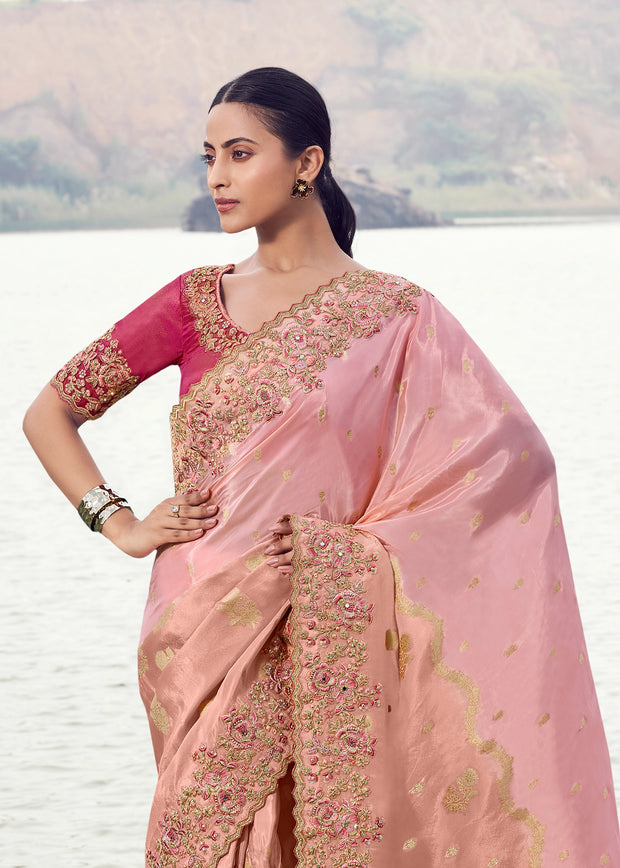 Pink & Peach Woven Embroidered Tissue Organza Saree