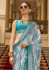 Teal Blue Printed Satin Silk Saree